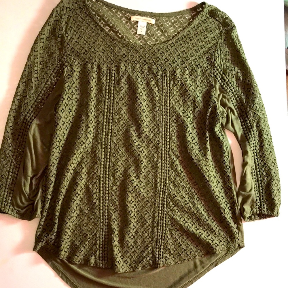 XL Women’s Army Green, Long Sleeve, Lacy Blouse Top